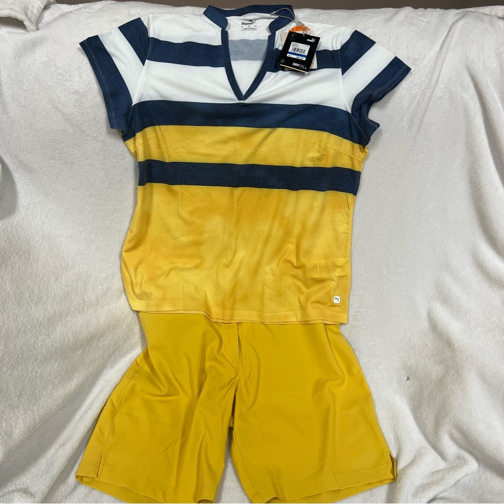 NWT Striped PUMA V-Neck Shirt and Yellow Shorts SET